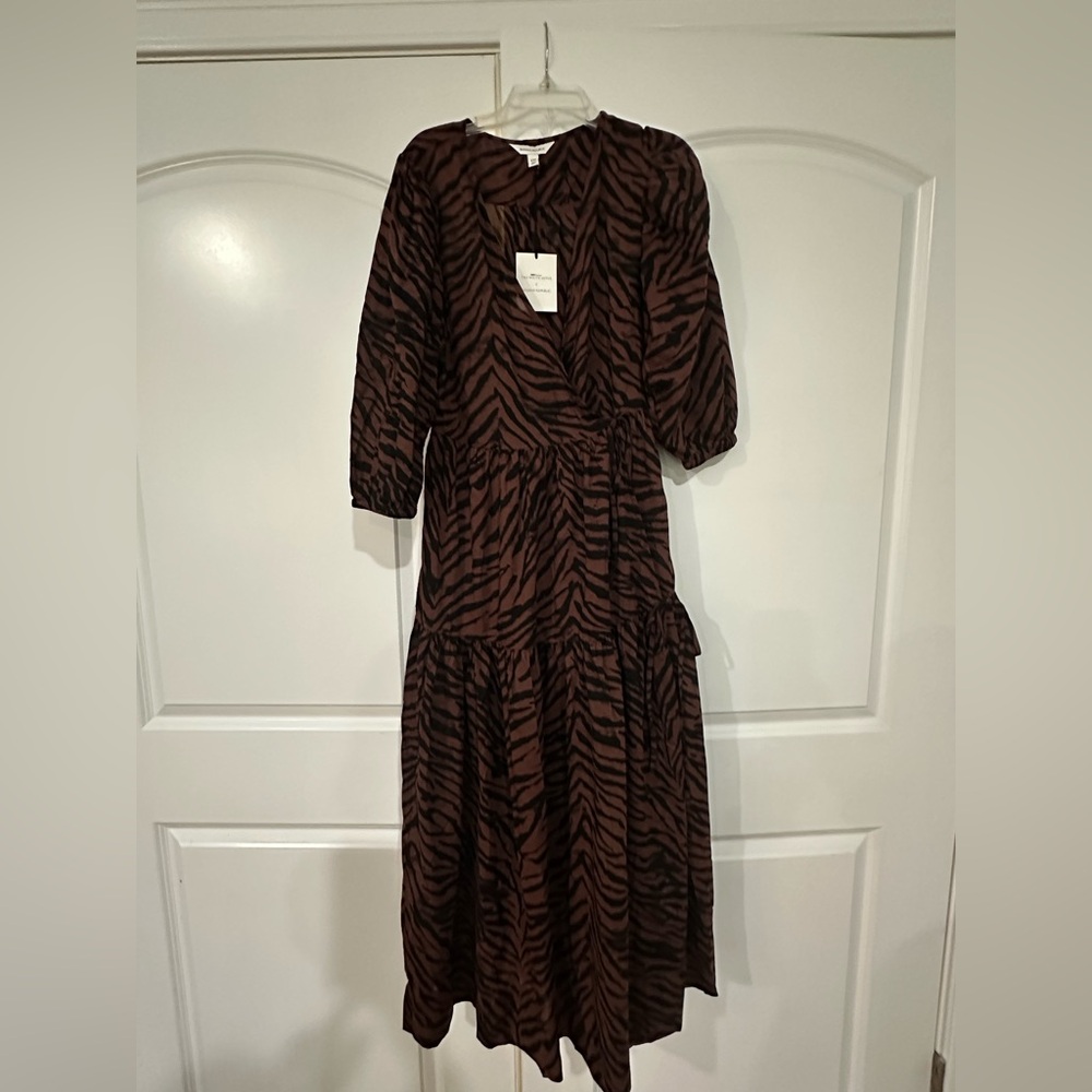 Banana Republic White Lotus Cotton Wrap Dress, XXS, Brown Zebra Print